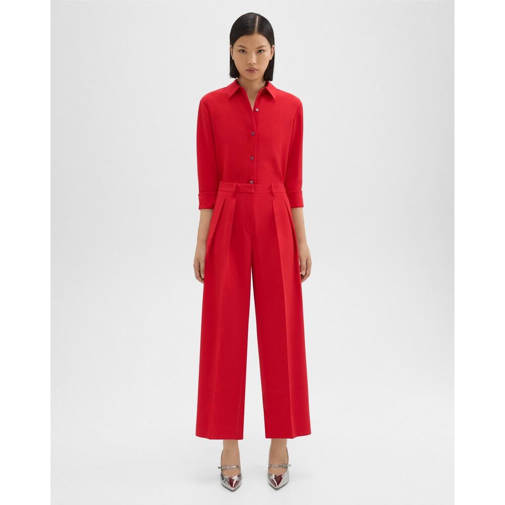Theory Double Pleated Admiral Crepe Pants Wide Leg High Rise Geranium Red Size 2